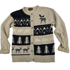 VTG Eddie Bauer Women's M Wool Blend Moose Tree Fair Isle Cardigan Sweater
